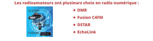 Les radioamateurs ont plusieurs choix en radio numérique : •	DMR •	Fusion C4FM •	DSTAR •	EchoLink