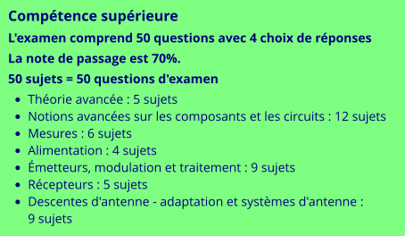 Compétence supérieure L'examen comprend 50 questions avec 4 choix de réponses La note de passage est 70%. 50 sujets = 50 questions d'examen •	Théorie avancée : 5 sujets •	Notions avancées sur les composants et les circuits : 12 sujets •	Mesures : 6 sujets •	Alimentation : 4 sujets •	Émetteurs, modulation et traitement : 9 sujets •	Récepteurs : 5 sujets •	Descentes d'antenne - adaptation et systèmes d'antenne : 9 sujets